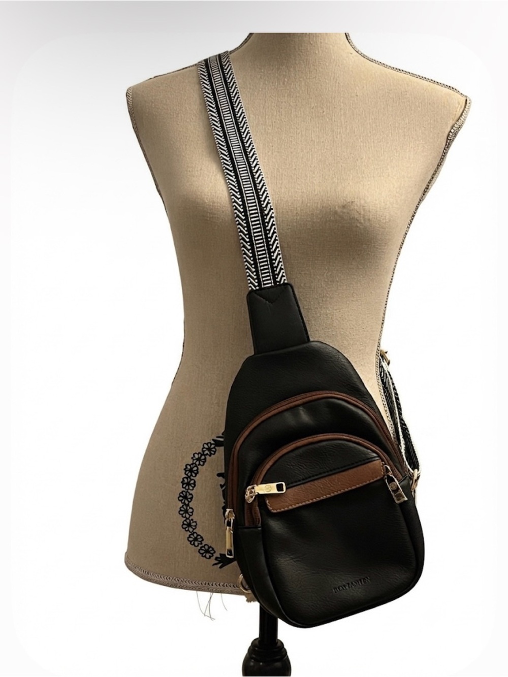 BOSTANTEN Black & Brown Faux Leather Sling Bag Crossbody Bohemian Strap NWOT